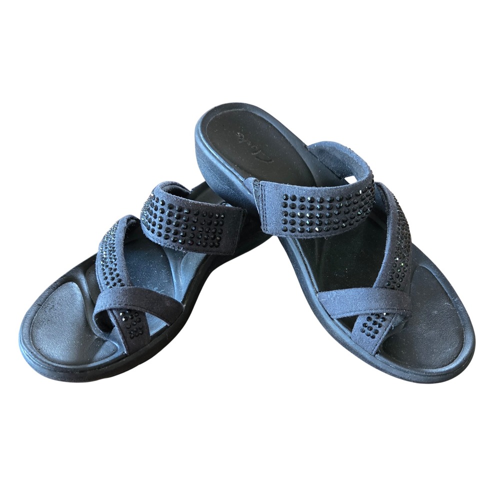 Clarks Cloudsteppers Arla Glitz Black Rhinestone Toe Loop Slide Sandals Size 8